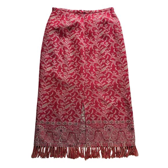 Vintage Nouveaux Red Paisley Print With Fringe Hem Straight Maxi Skirt - Picture 3 of 10